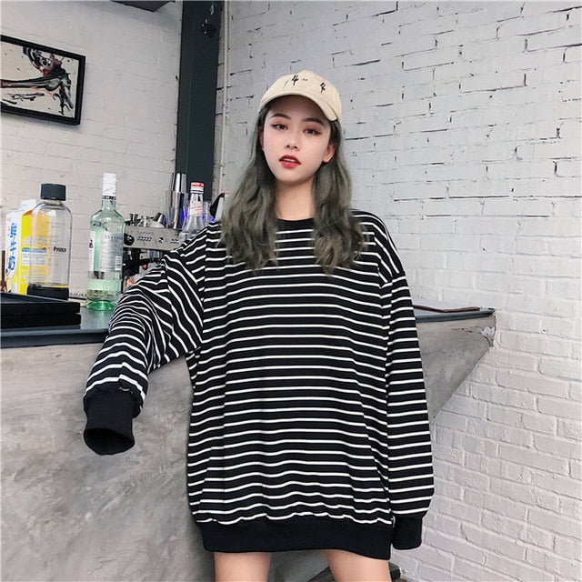 Hoodies Women Elastic Cuff Hem O-Neck Striped Loose Retro Chic Korean Style Harajuku Soft Trendy Sweatshirts Womens All-match