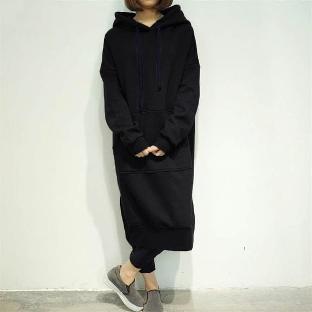 Women's Casual Loose Long Hoodies Autumn Solid Color Sweatshirt Hooded Sweatshirt Dress
