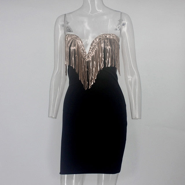 Slaygirl Mini Party Sexy Dress Women Party Club Tassel Dresses Bodycon Female Strapless Sequin Dress Summer Autumn Vestidos