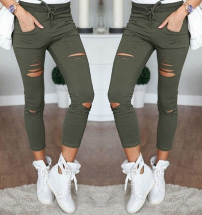 2018 Sexy Women High Waist Denim Stretch Jeans Destroy Skinny Ripped Distressed Hole Ankle Length Pants Trousers Army green