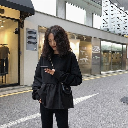 Women Hoodie Sweatshirts 2019 autumn harajuku solid Ruffle Long Sleeve Hoodies O Neck Pullover Tops Casual Loose Thin Sweatshirt