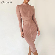 Load image into Gallery viewer, Ocstrade Bodycon Dress 2019 Nude Turtleneck Rayon Long Sleeve Bandage Dress High Quality Ribbed Womens Midi Bandage Dress Sexy